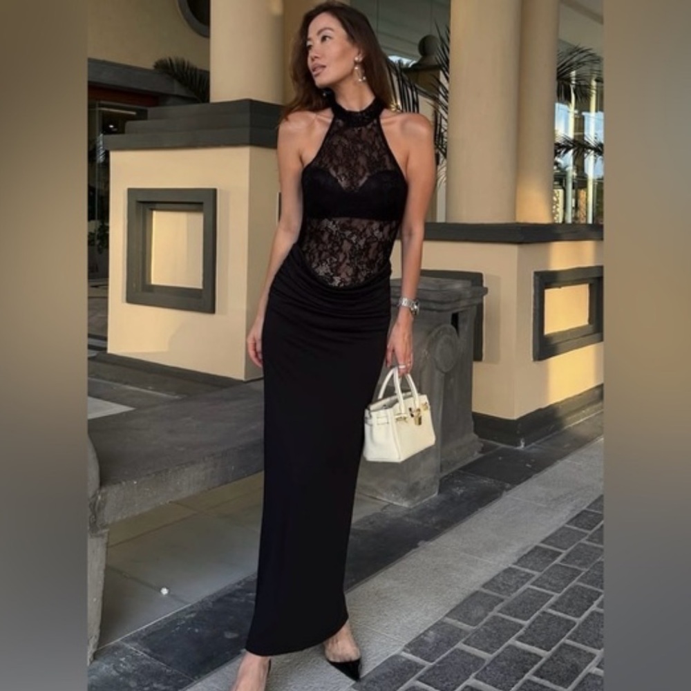 Zara NWT contrast halter dress black lace 5063/851